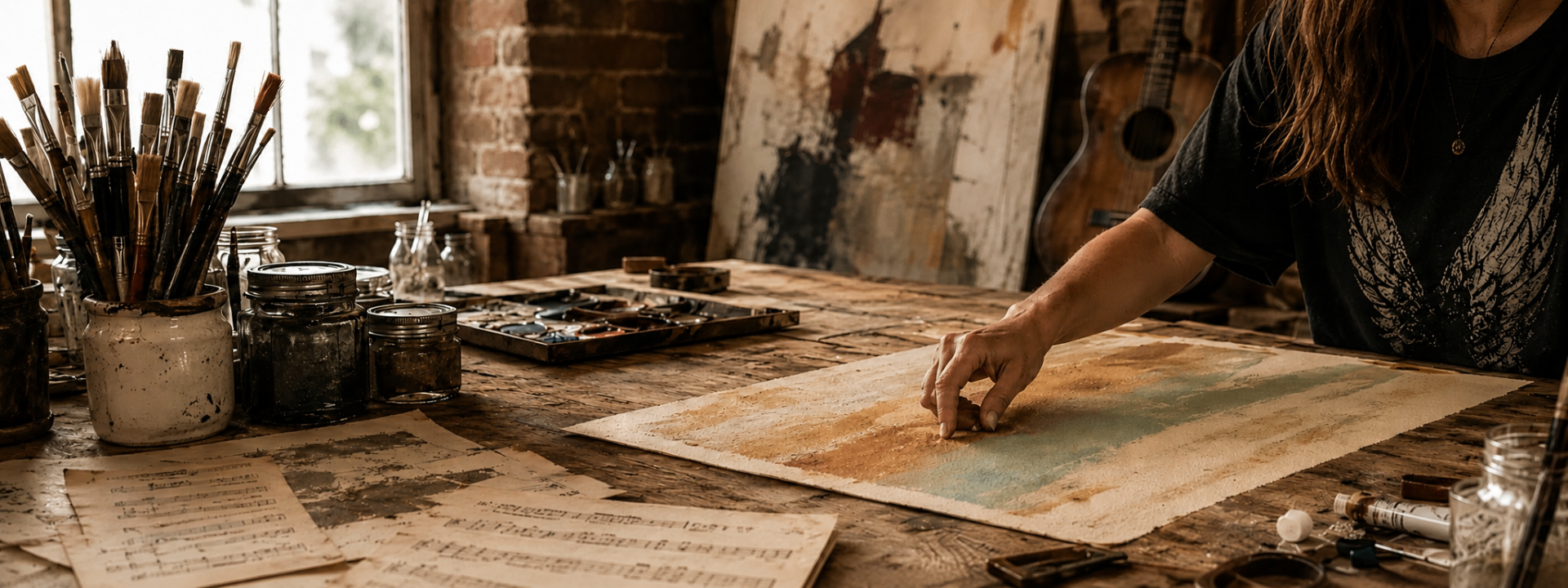 Artist working on a painting in a studio filled with brushes, jars, and sheet music