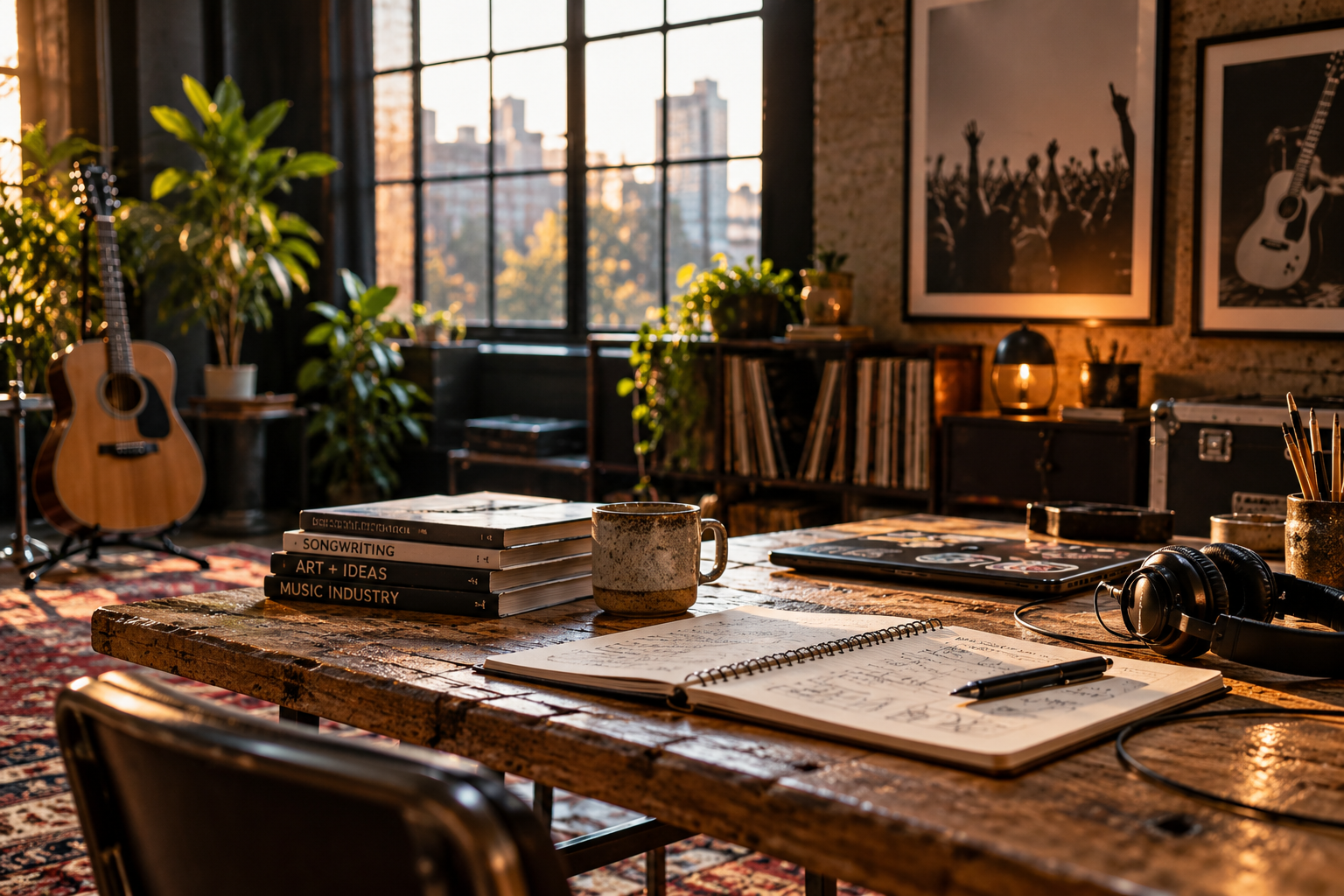 Sunlit songwriter's studio with a guitar, records, and a songwriting notebook on a rustic wooden desk